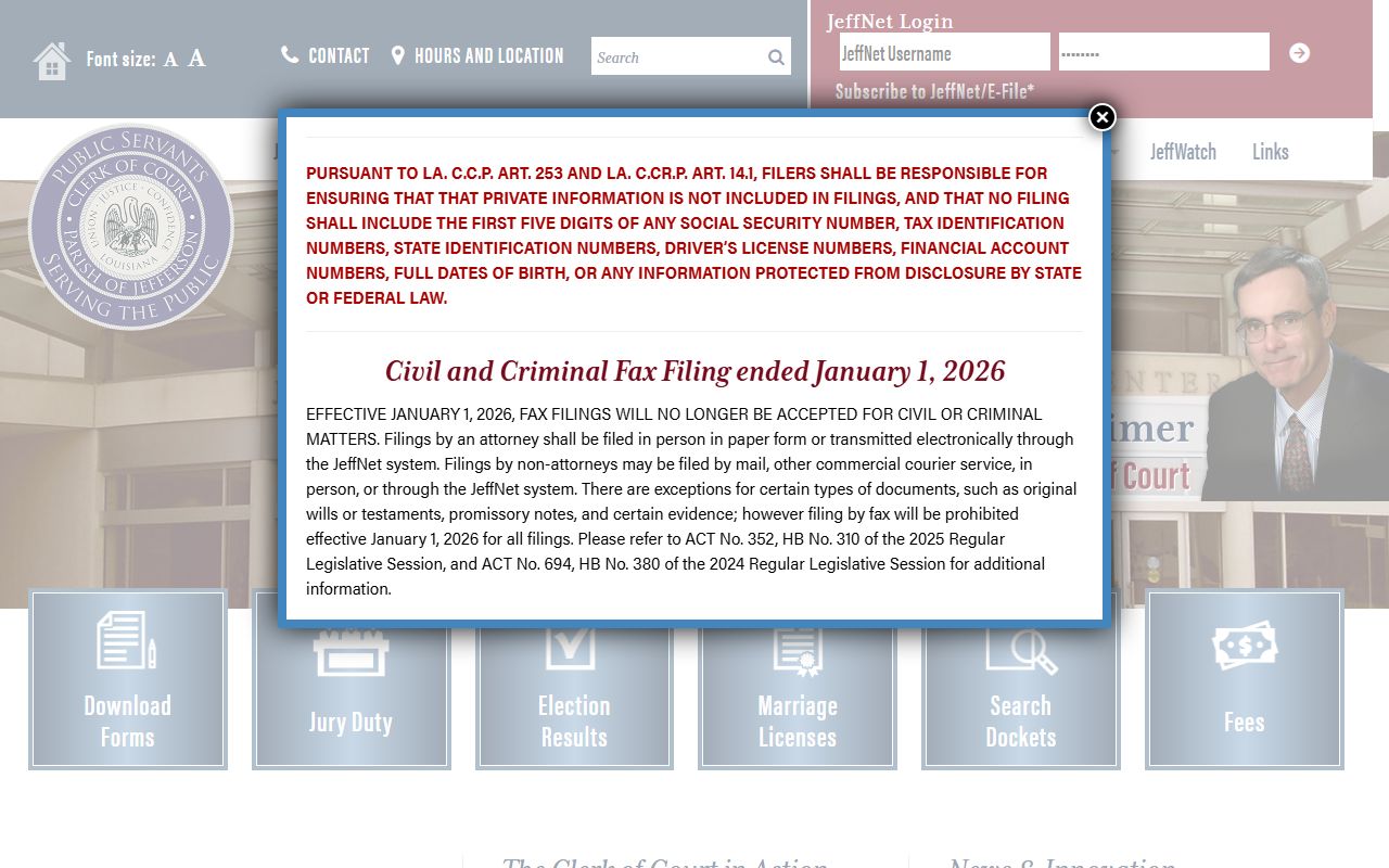 Jefferson Parish Clerk of Court website for Terrytown death records