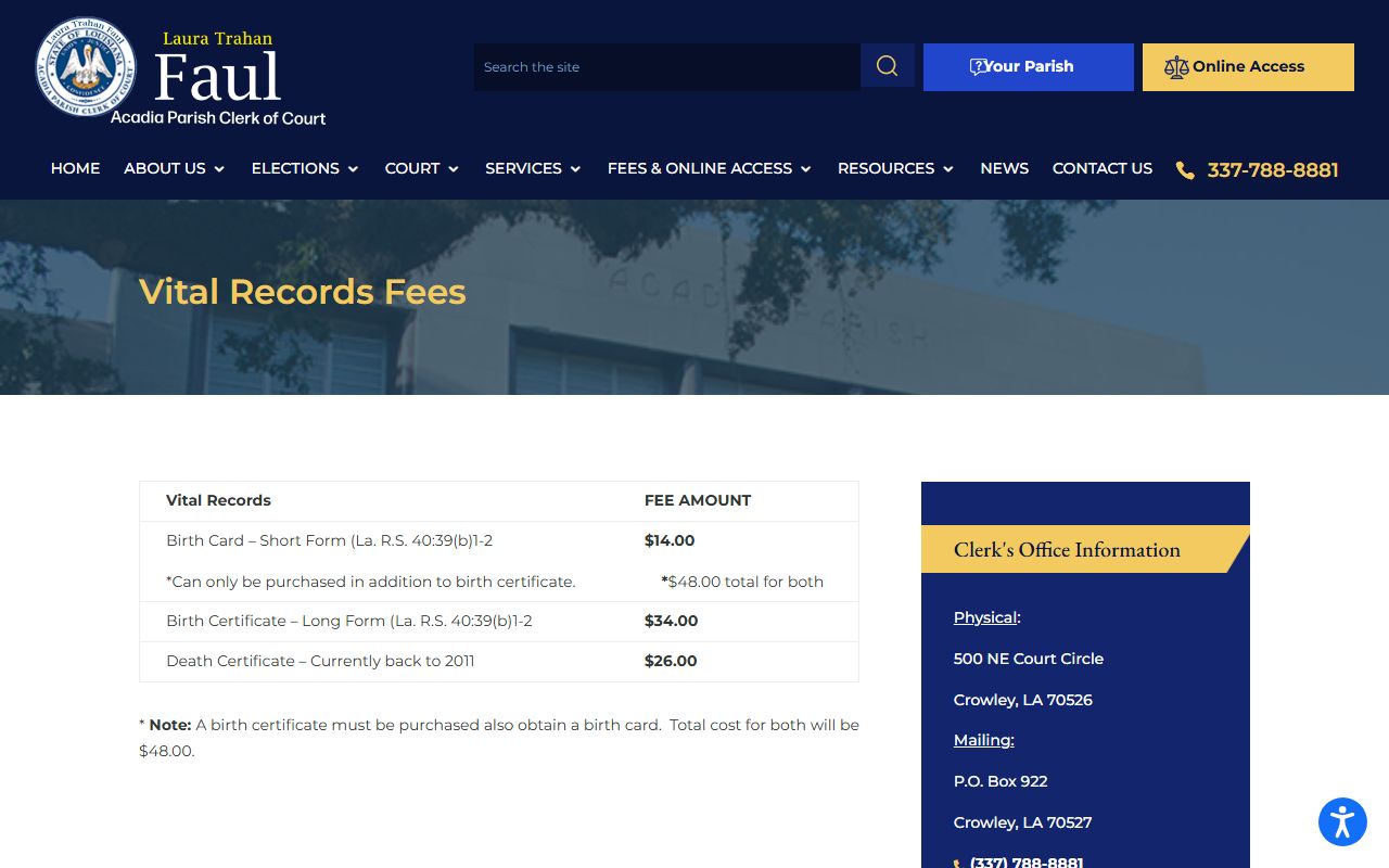 Acadia Parish death certificate fee schedule