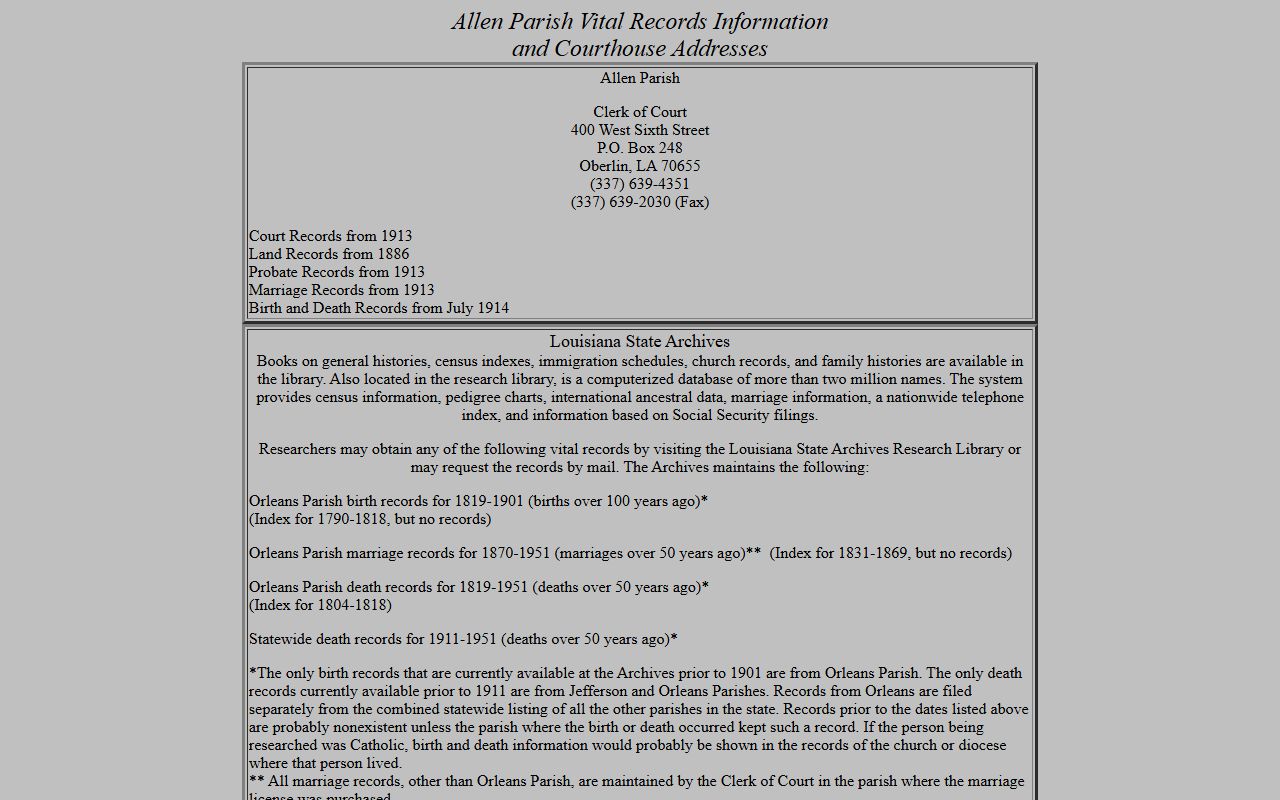 Allen Parish genealogy archives for historical death records research