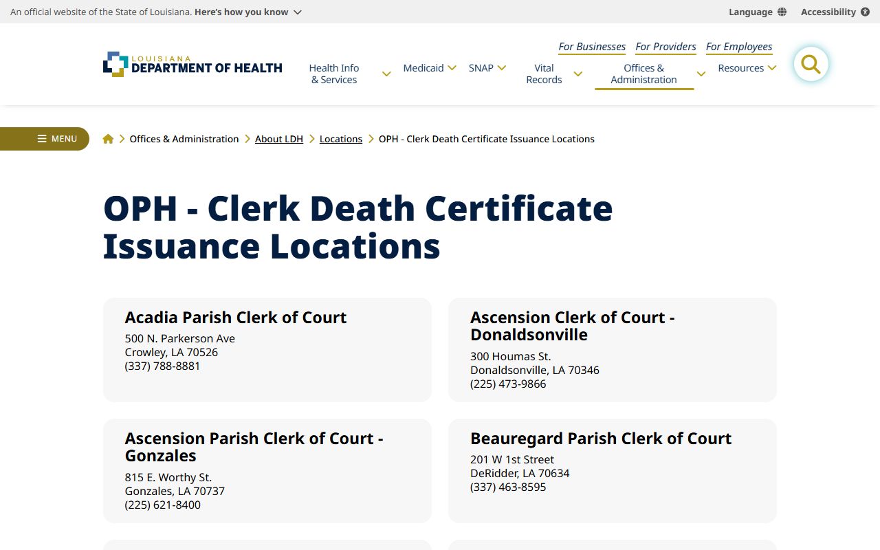 Louisiana Department of Health directory for Ascension Parish vital records