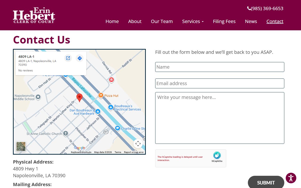Assumption Parish Clerk contact information for death certificate requests
