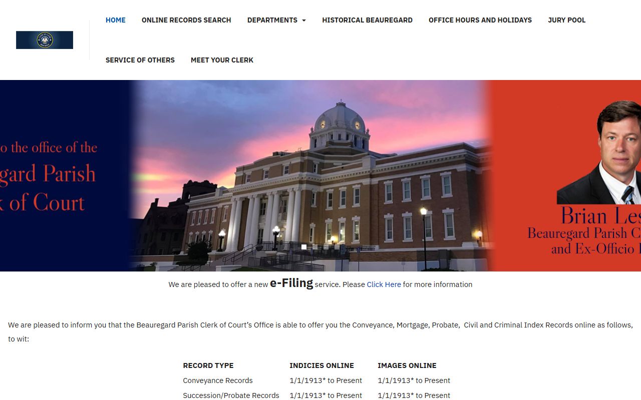 Beauregard Parish Clerk of Court official website for death records in DeRidder