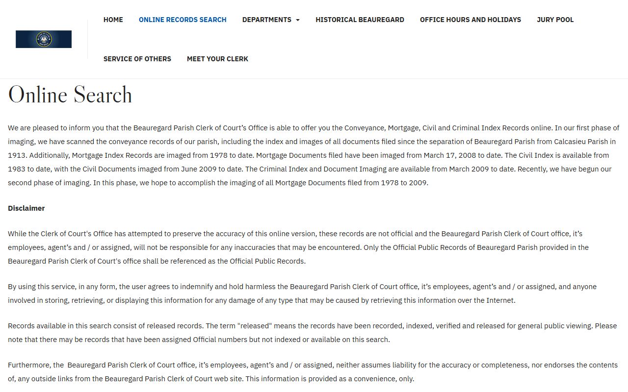 Beauregard Parish online records search portal for death records