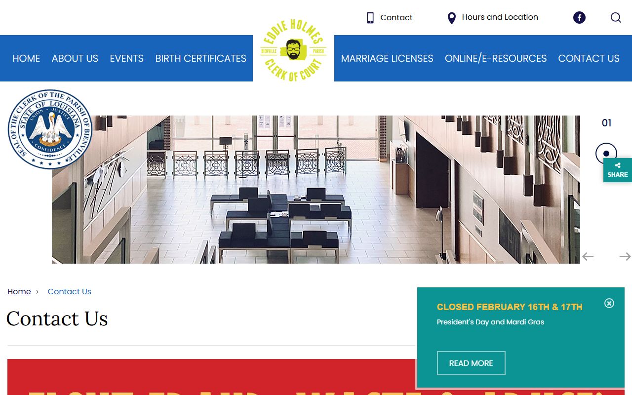 Bienville Parish Clerk contact information for death records