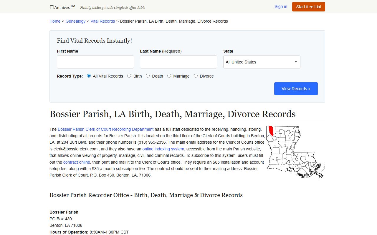 Bossier Parish genealogy archives for historical death records