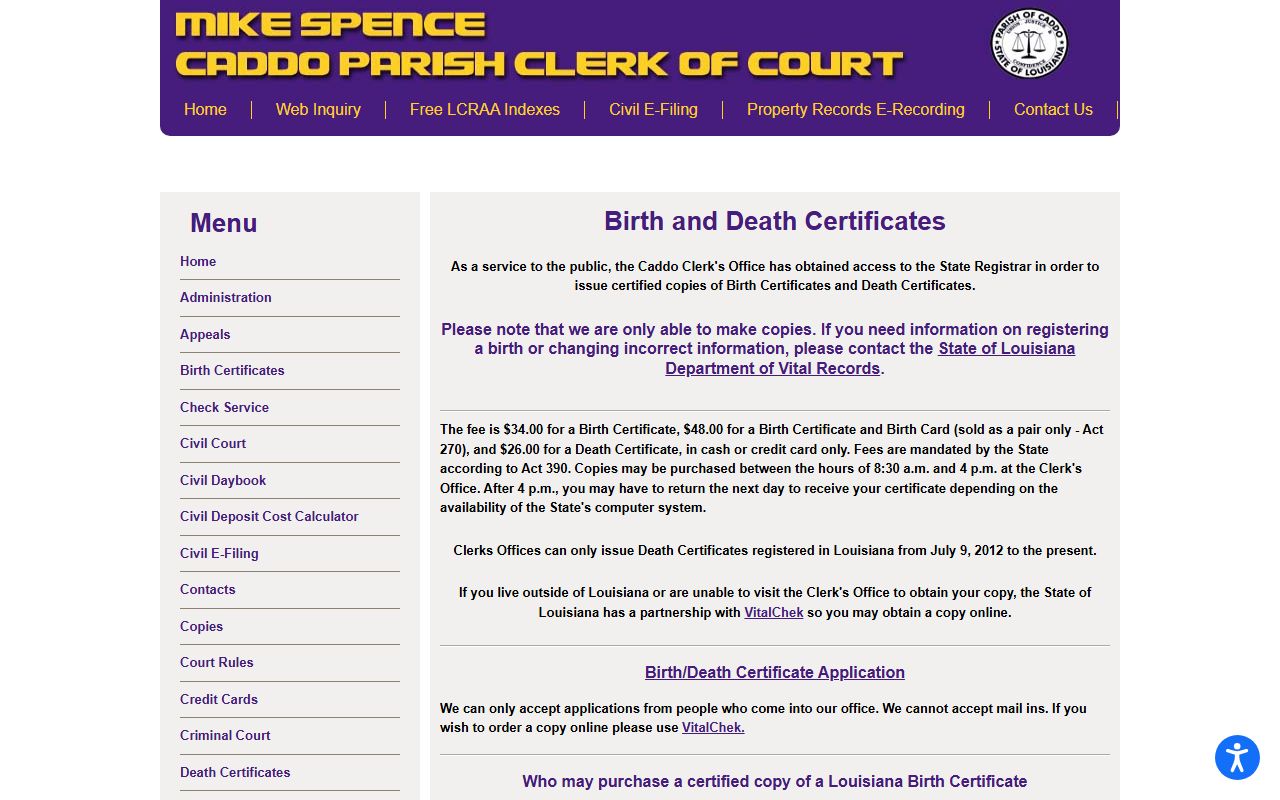 Caddo Parish Clerk birth and death certificate information page
