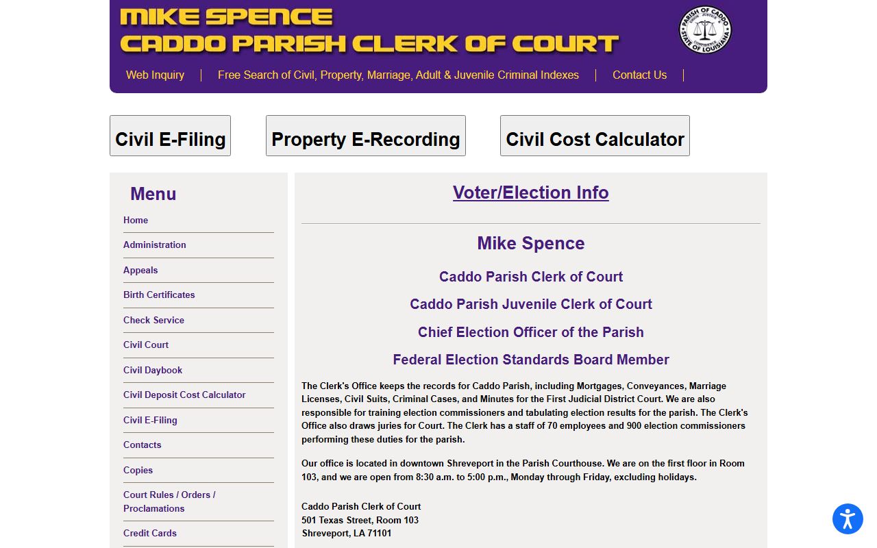Caddo Parish Clerk of Court official website for Shreveport death records