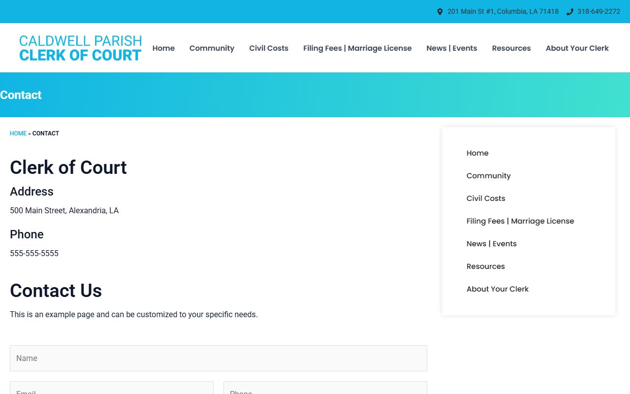 Caldwell Parish Clerk contact information for death certificate requests
