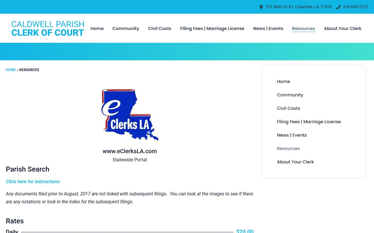 Caldwell Parish Clerk resources page for death records and vital records information