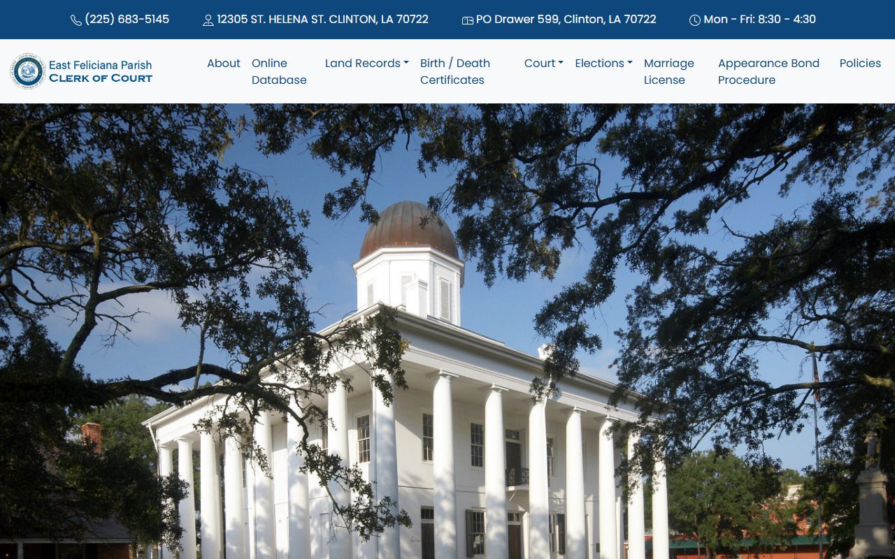 East Feliciana Parish Clerk of Court official website for death records in Clinton Louisiana