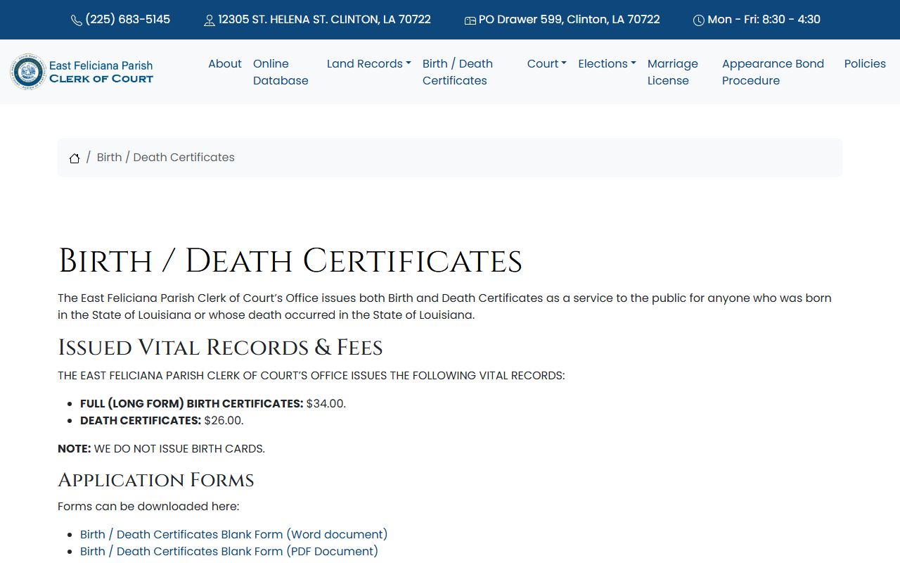 East Feliciana Parish death certificate requirements and eligibility information