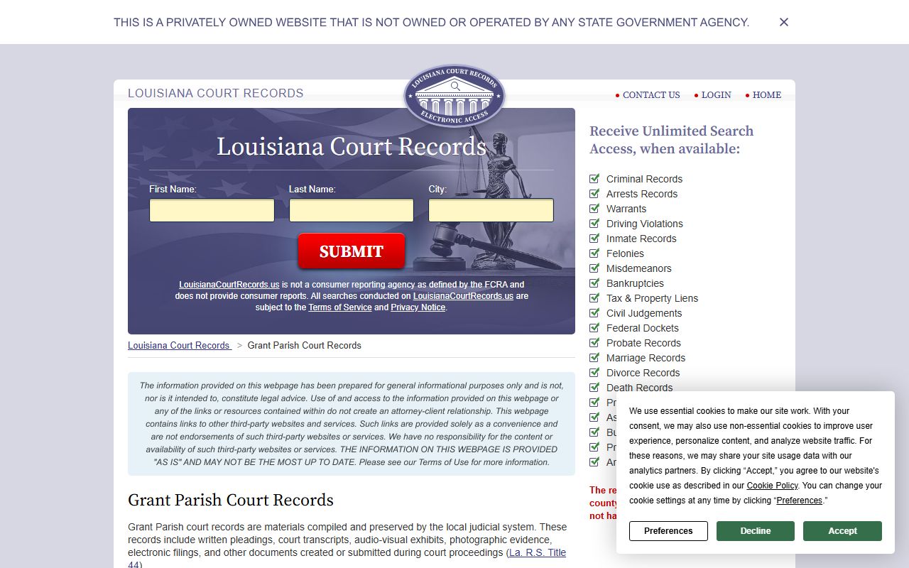 Grant Parish court records portal with death certificate information