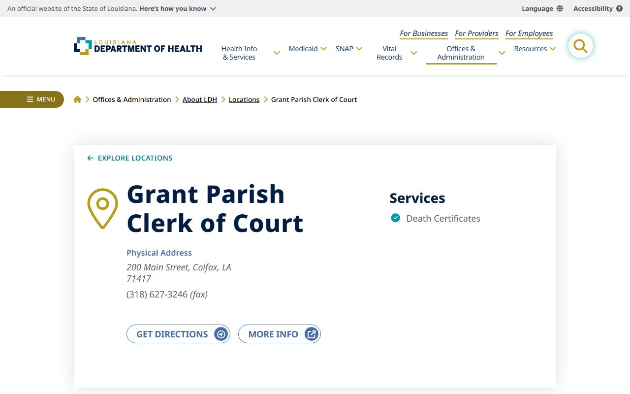 Louisiana Department of Health directory for Grant Parish vital records services