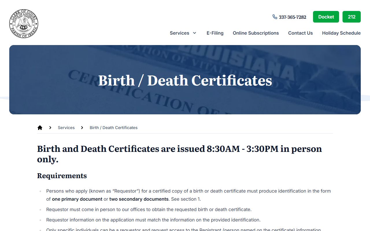 Iberia Parish death certificate requirements and application information