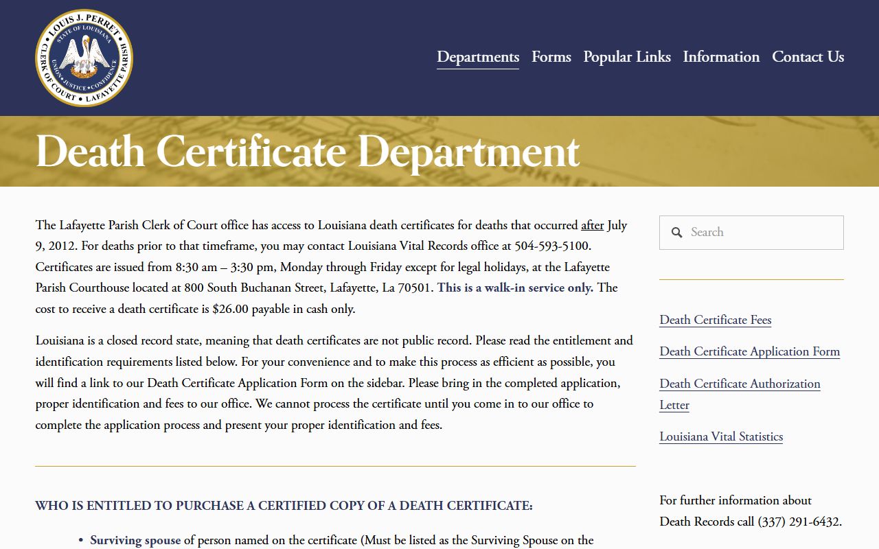 Lafayette Parish Clerk of Court death certificate information page with requirements and fees