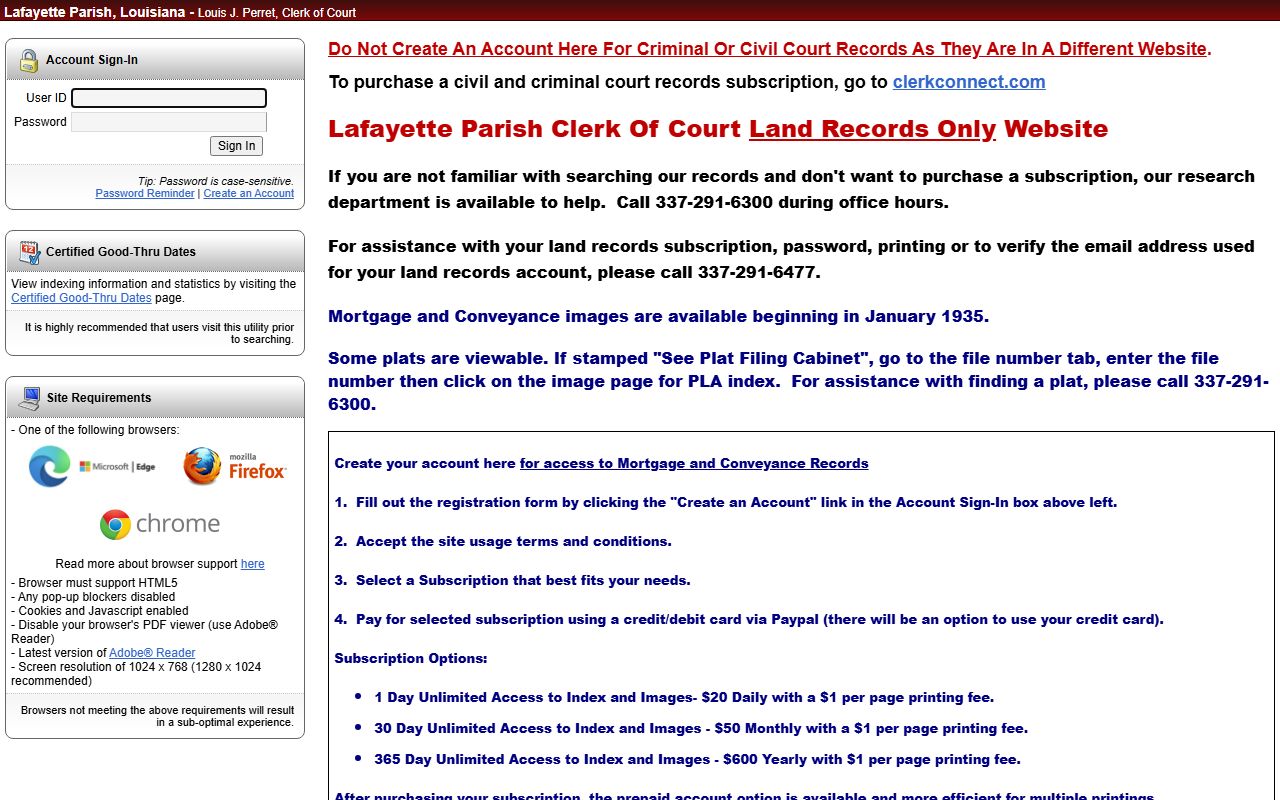 Lafayette Parish Clerk online portal for death records and court record searches