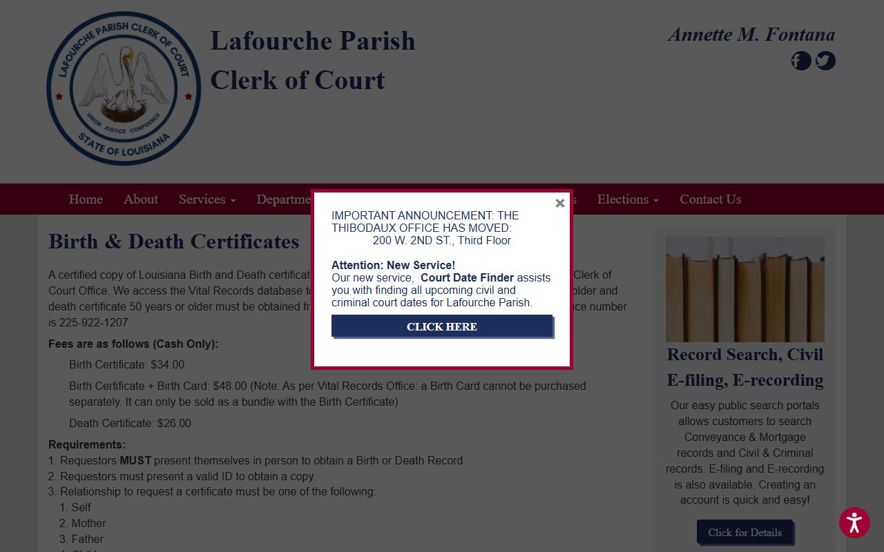 Lafourche Parish Clerk vital records page for death certificate requests in Thibodaux
