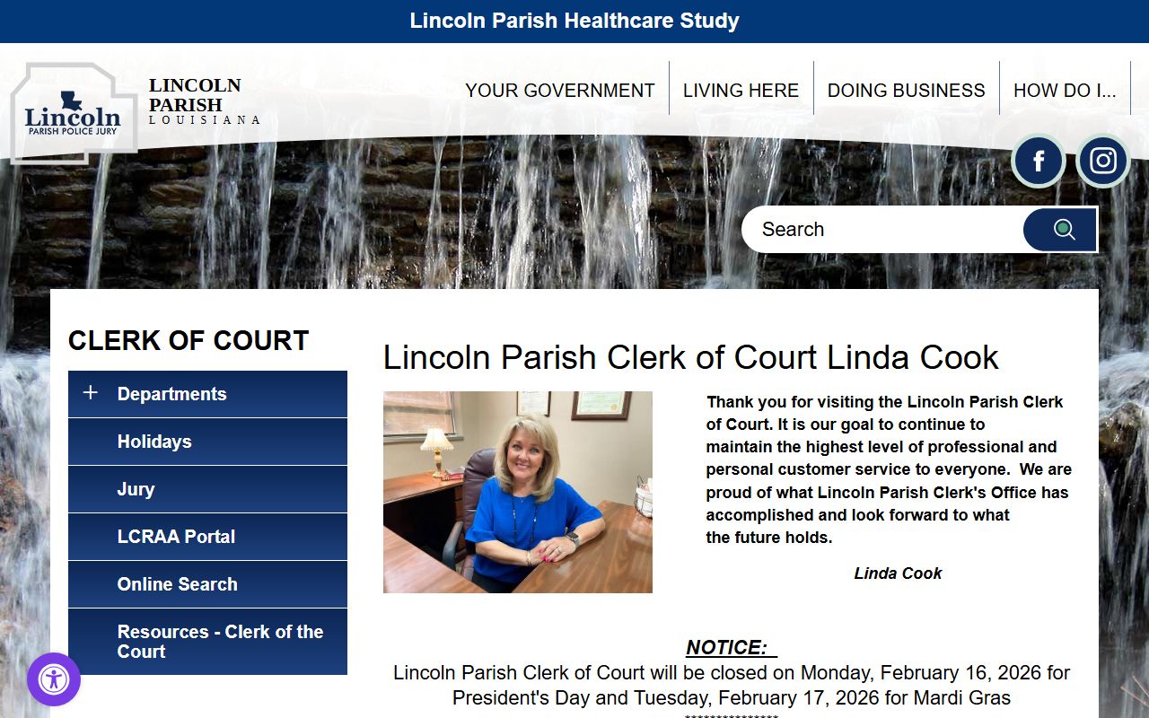 Lincoln Parish Clerk of Court page for death records in Ruston Louisiana