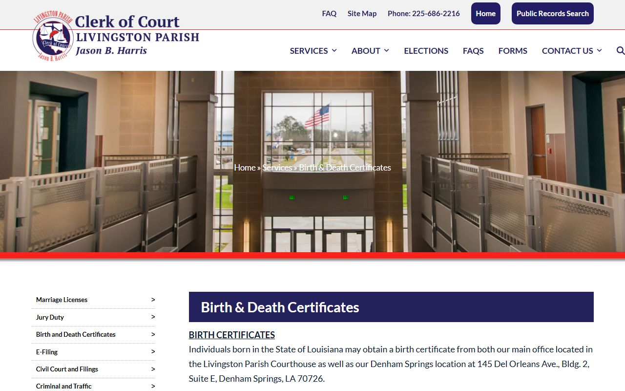 Livingston Parish vital records services page for death and birth certificates