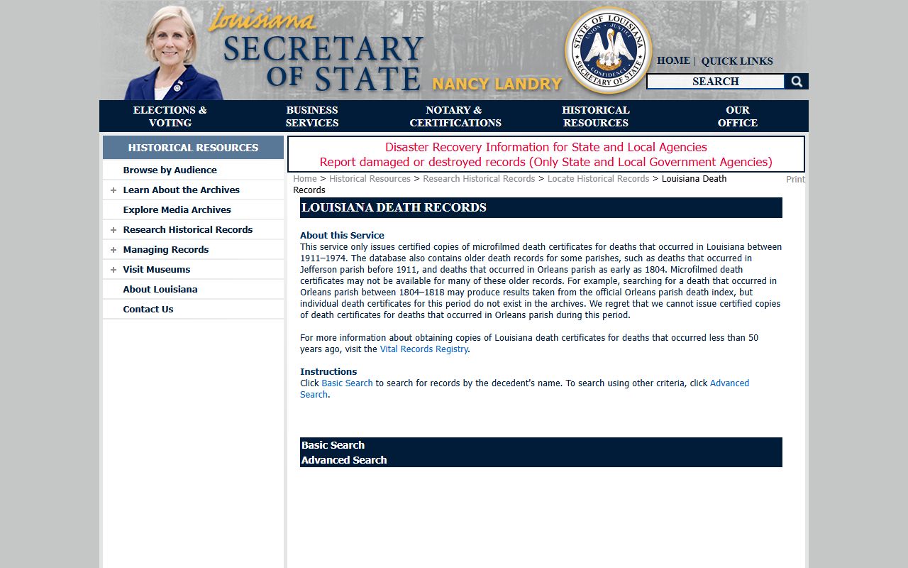 Louisiana State Archives death records locator for Orleans Parish historical records