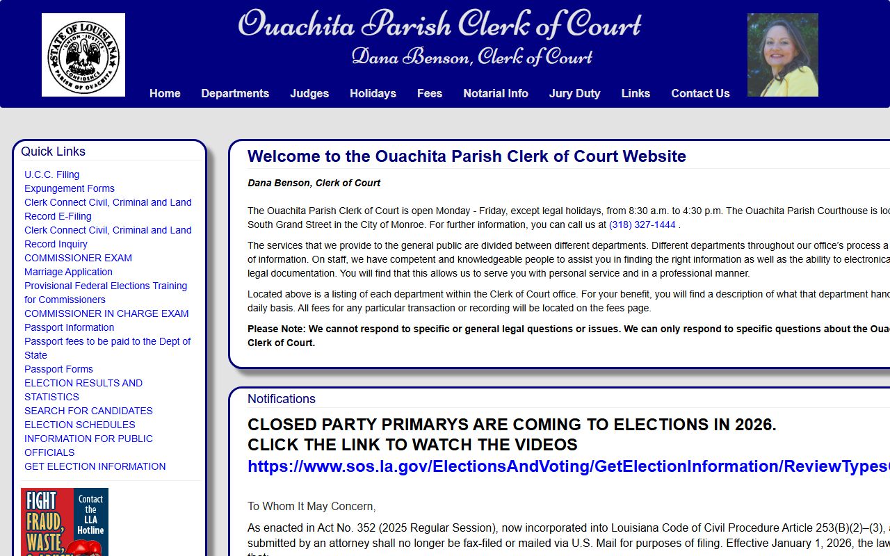 Ouachita Parish Clerk of Court official website for Monroe Louisiana death records