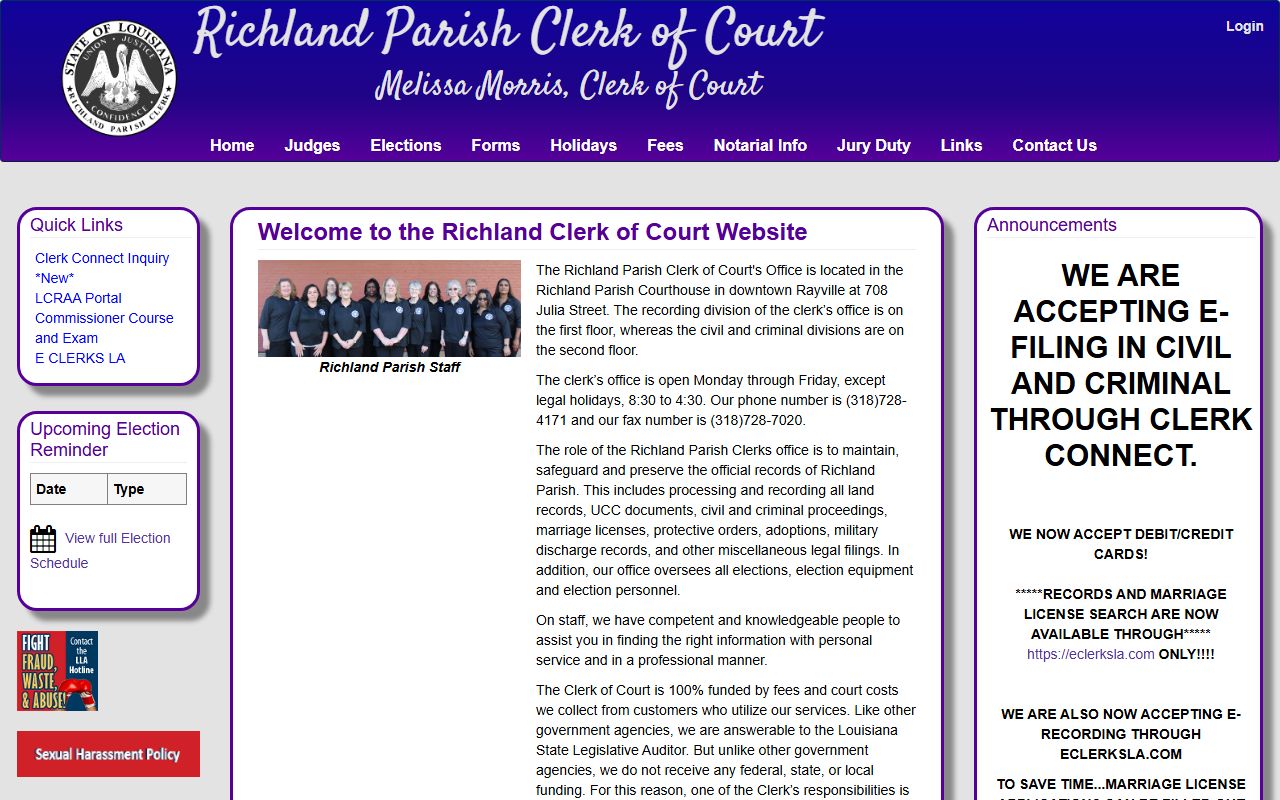 Richland Parish Clerk of Court official website for death records in Rayville Louisiana