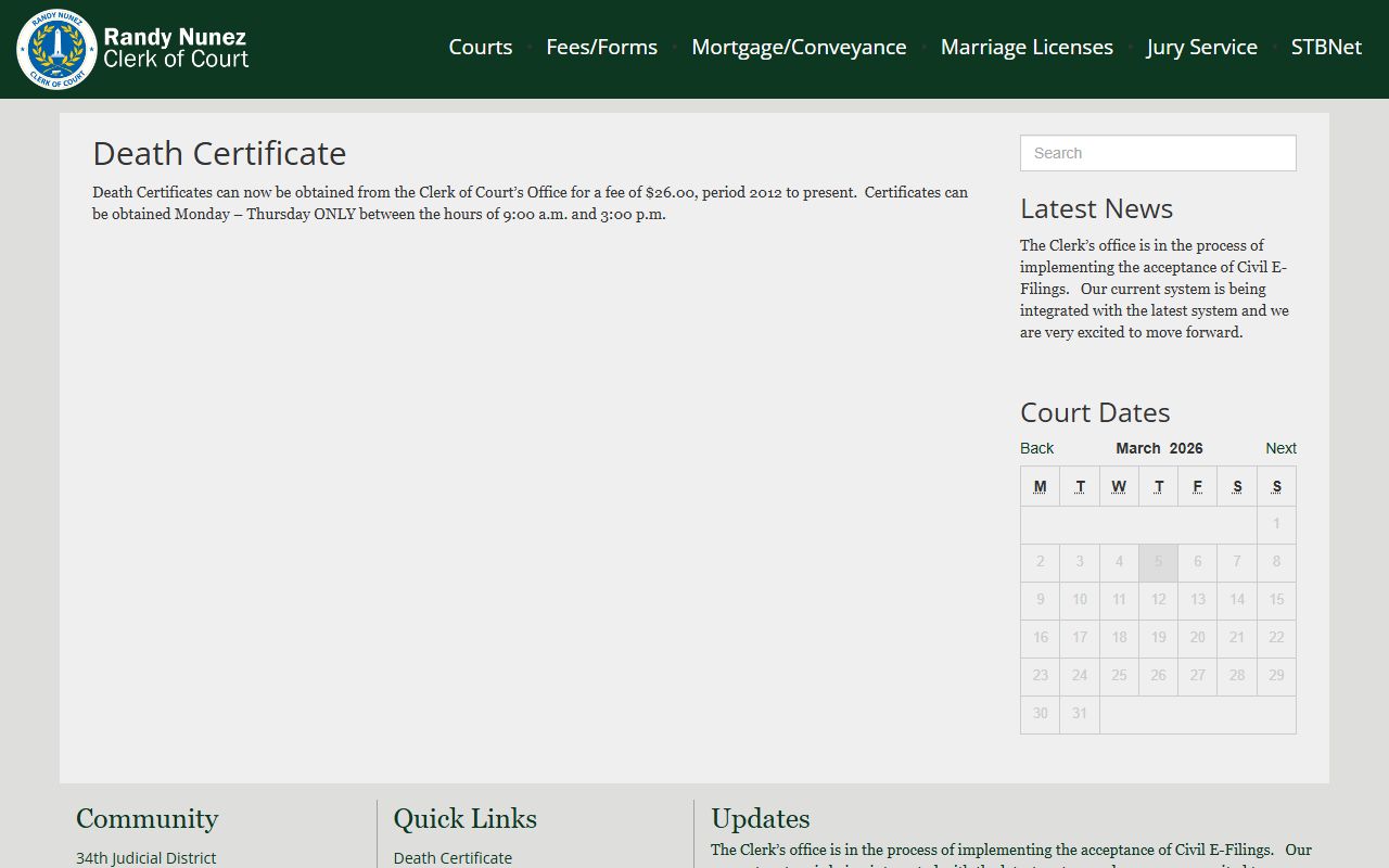 St. Bernard Parish death certificate information and request page