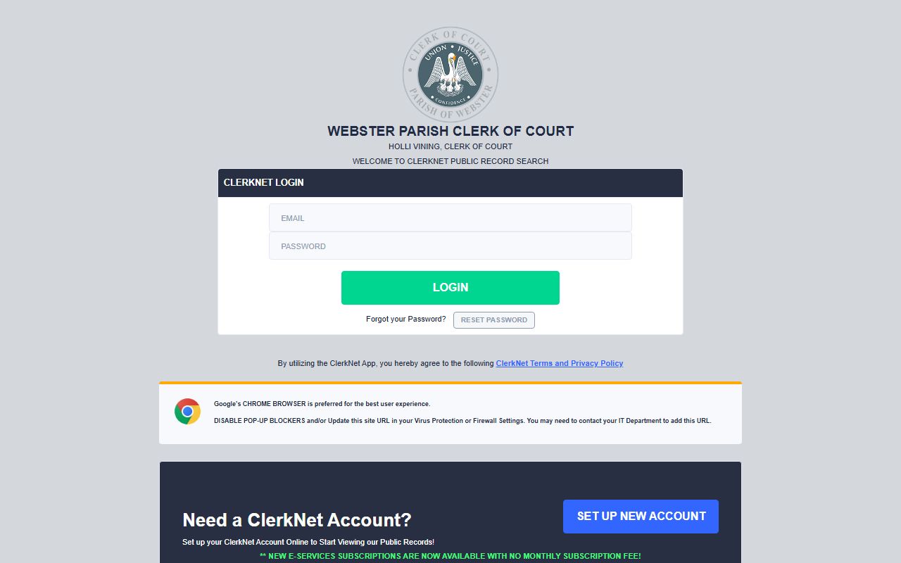 Webster Parish Clerk of Court records search portal for death records in Minden
