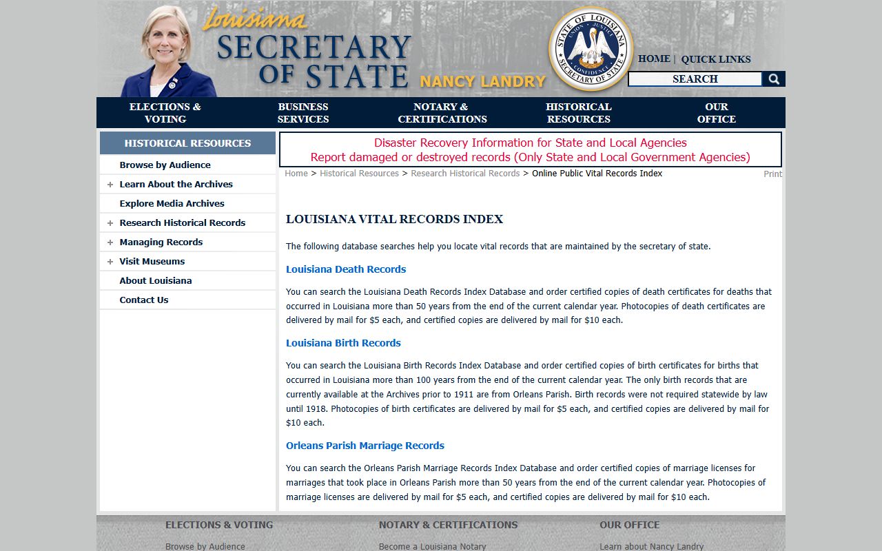 Louisiana State Archives online public vital records index database for Louisiana death records search