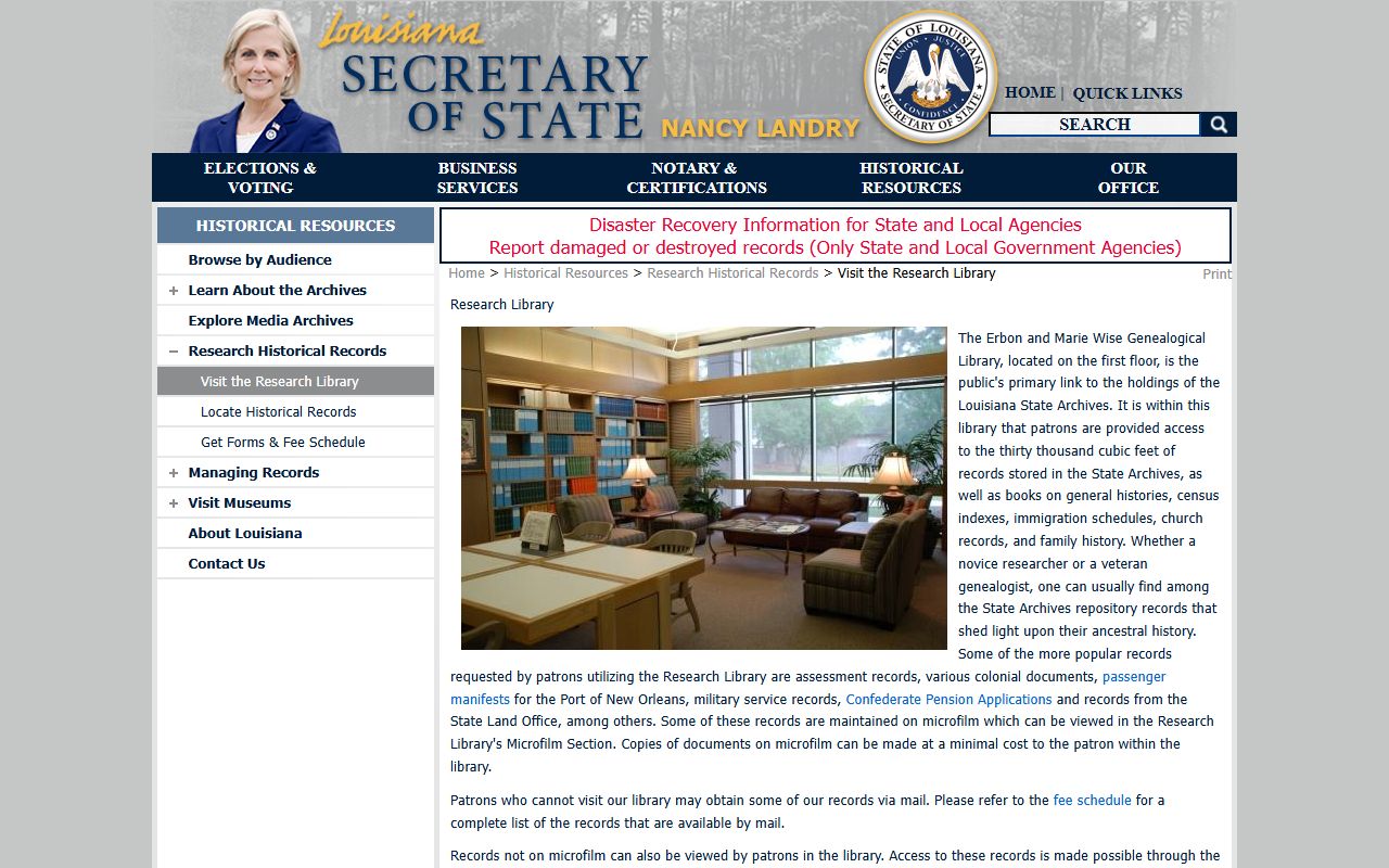 Louisiana State Archives Research Library information page for historical Louisiana death records