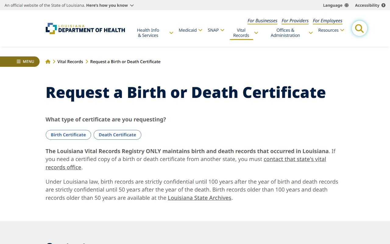 Louisiana death certificate service request page at the LDH website