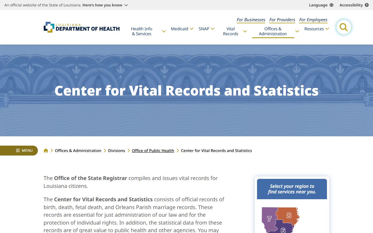 Louisiana Department of Health Vital Records Registry portal for Louisiana death records
